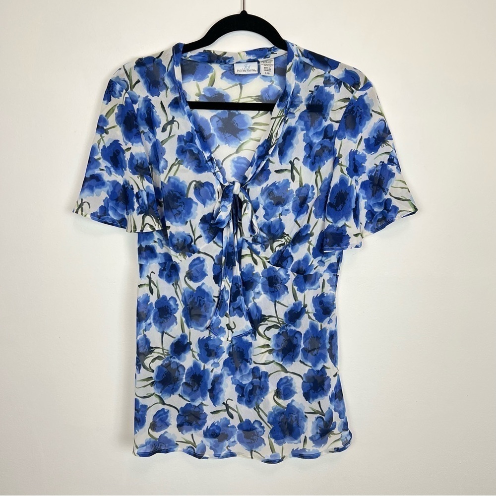 VTG Jaclyn Smith Blue White Floral Two Piece Set Sheer Top Midi Skirt sz Large